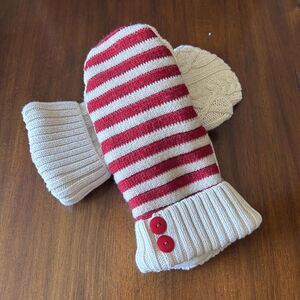 Upcycled sweater mittens, Red and Beige striped mittens, ladies sweater gloves